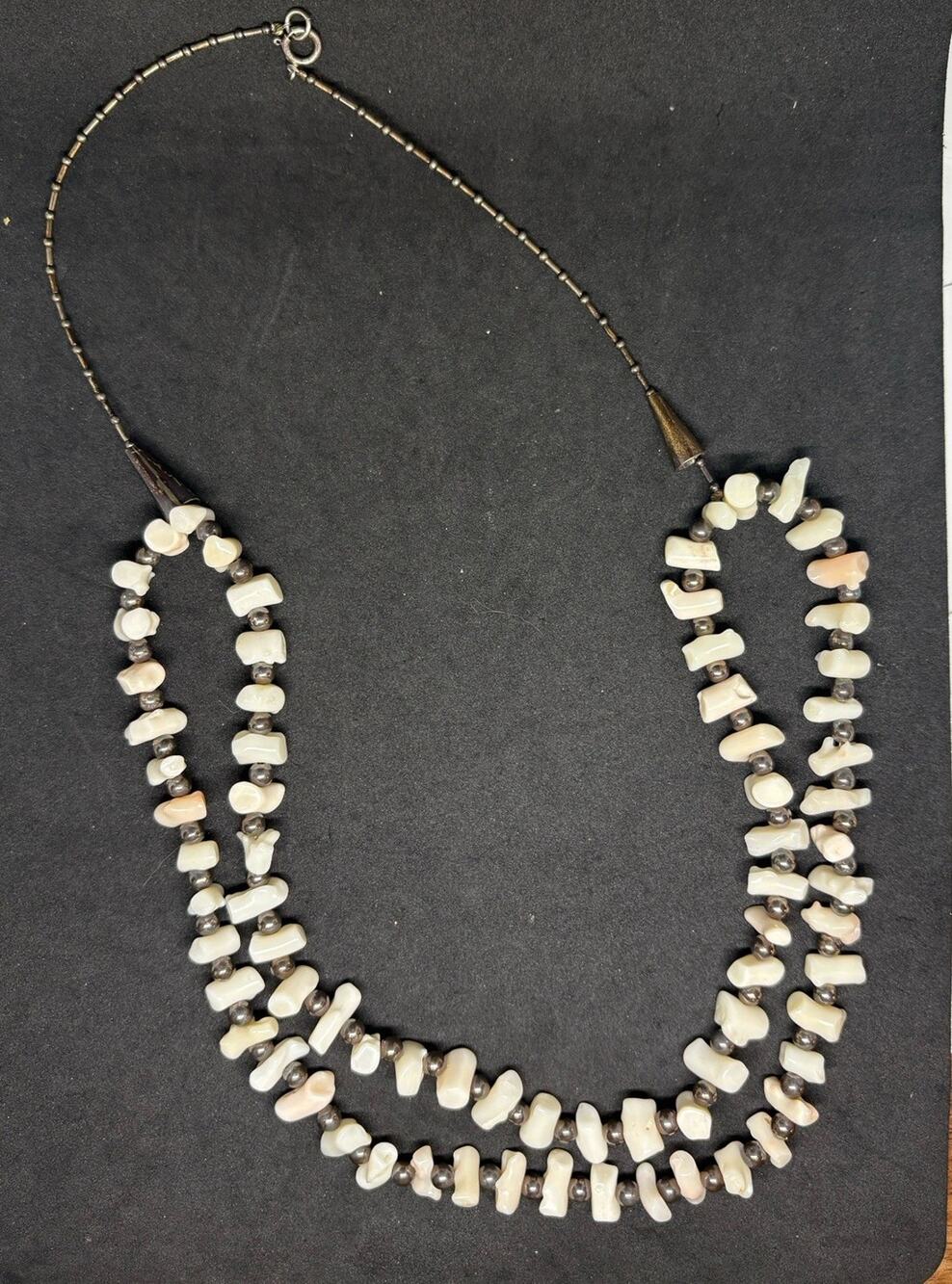 Vtg Native American White Coral Branch Sterling Silver Bead 2 Strand Necklace